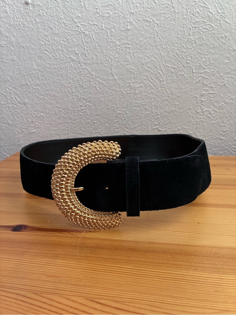 Vintage Large Gold Buckle Black Suede Women's Belt